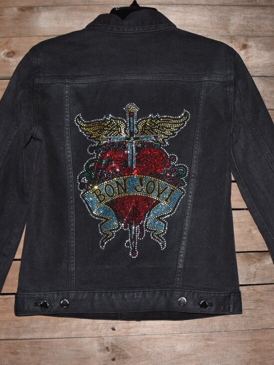 custom made rrhinestone denim jacket Jackets & Blazers - Bon Jovi rhinestone bling light black denim jacket size small